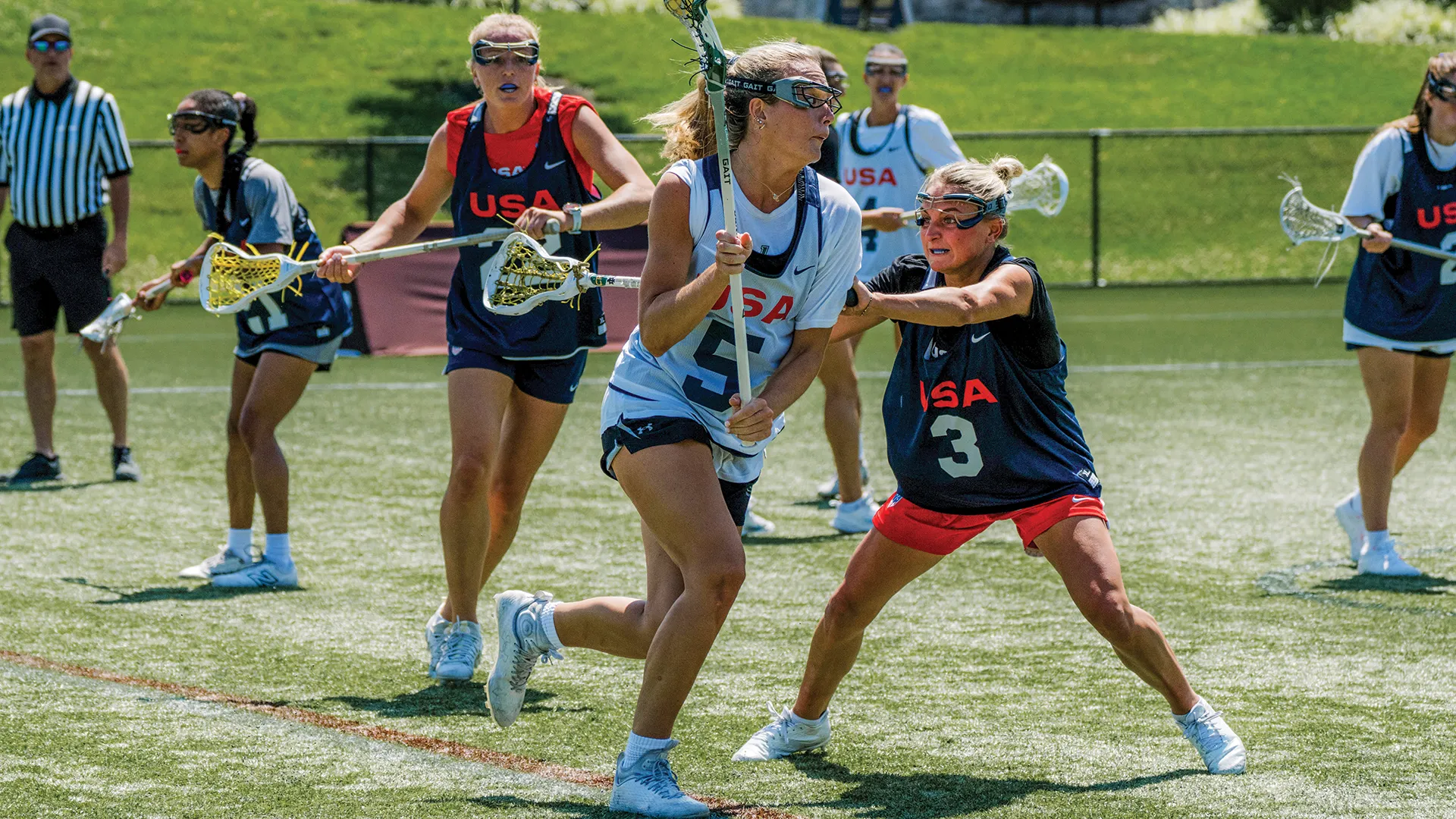Chase Boyle goes one-on-one with Kasey Choma during a USA sixes training weekend at USA Lacrosse headquarters in Sparks, Md.