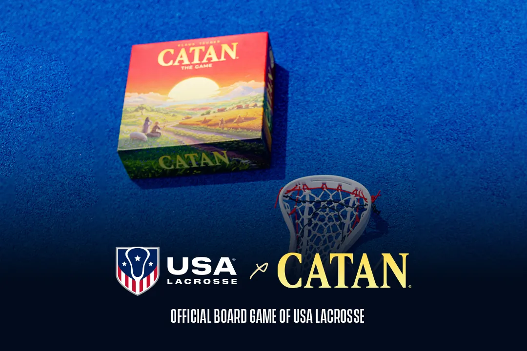 Image of CATAN box, lacrosse stick and logos.
