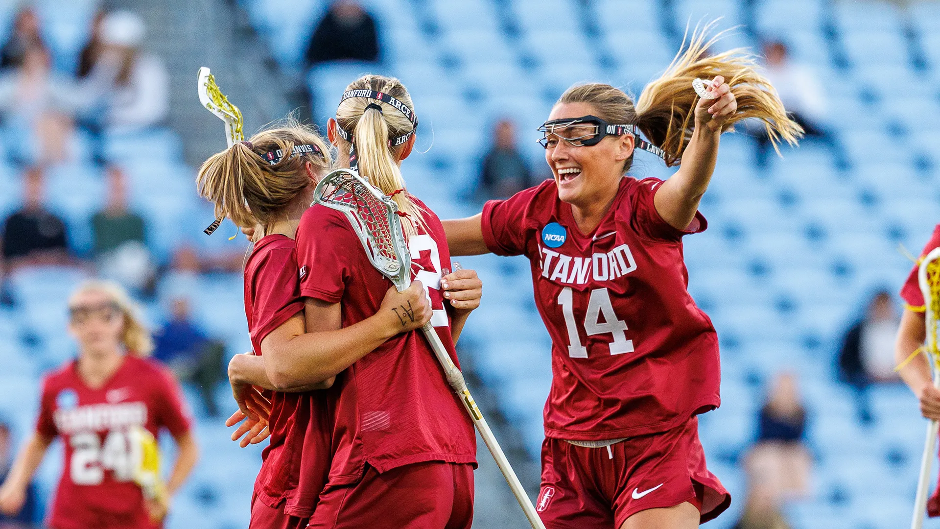 Amanda Lawson (14) celebrates a goal with her Stanford teammates during the 2026 NCAA quarterfinals at North Carolina.