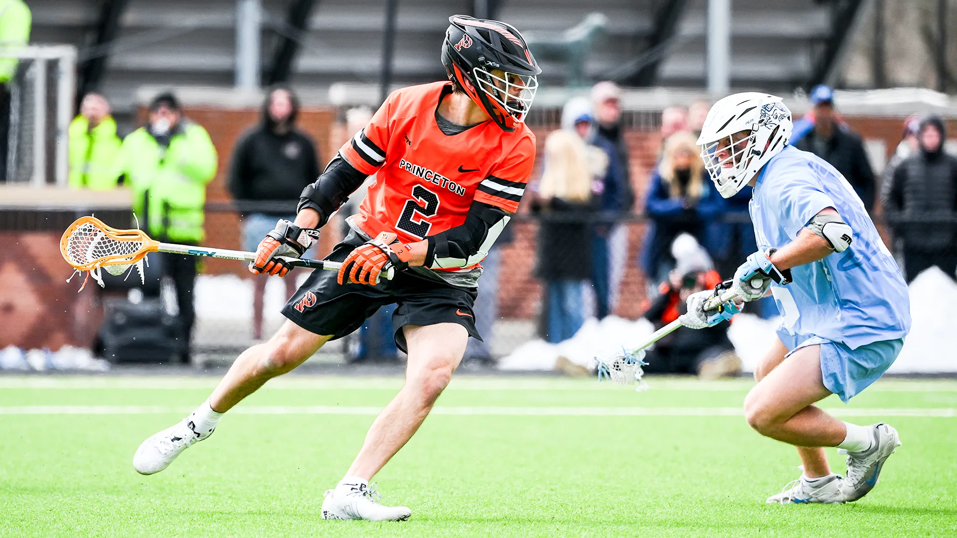 Princeton's Nate Kabiri eyes the goal as a North Carolina player defends him during a 2026 matchup at Princeton.