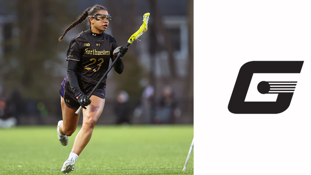 Northwestern's Samantha White playing lacrosse adjacent to a Gait Lacrosse logo
