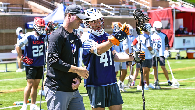 USA U20 coach Shawn Nadelen with a defenseman at national team tryouts Friday