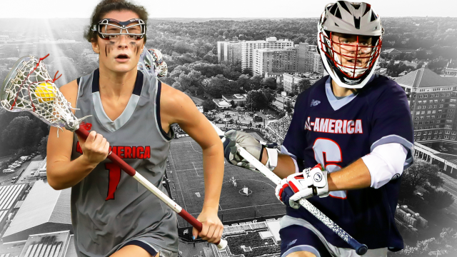 All-America Lacrosse Senior Games players from previous events against an aerial backdrop of Homewood Field