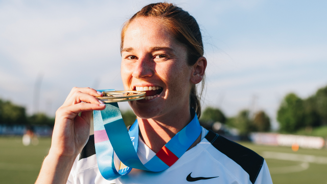 Sam Apuzzo with her Athletes Unlimited medal after winning her first league championship at USA Lacrosse in Sparks, Md.