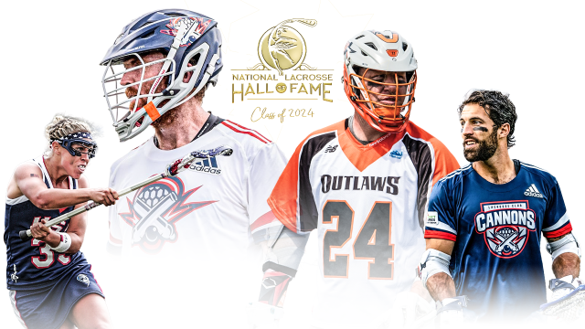 National Lacrosse Hall of Fame Class of 2024 inductees (from left) Kristen Kjellman Marshall, Brodie Merrill, John Grant Jr. and Paul Rabil