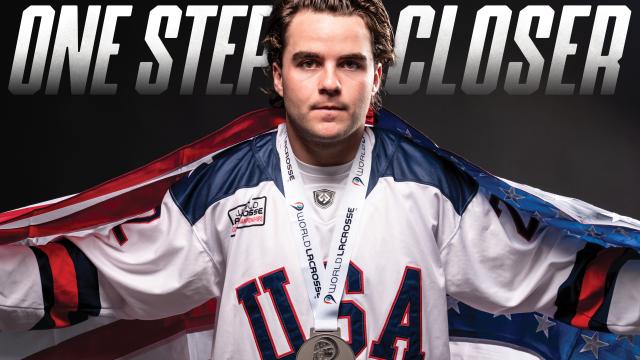 USA Lacrosse Magazine spread featuring Joey Spallina with silver medal from 2024 World Lacrosse Box Championships