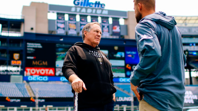 Bill Belichick with Chris Mattes during a Premier Lacrosse League weekend at Gillette Stadium in Foxborough, Mass.