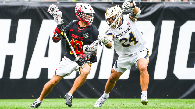 Maryland's Braden Erska dodges against Notre Dame's Ben Ramsey in the 2024 NCAA championship game in Philadelphia.