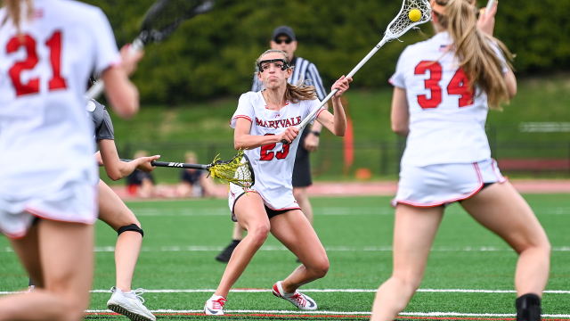 Maryvale (Md.) girls' lacrosse standout Cayden Reese shooting on goal during a 2024 game against Glenelg Country (Md.)