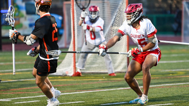 Calvert Hall's Jermaine Anderson defends a McDonogh player during an MIAA game last spring.