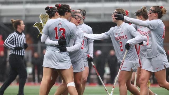 Ohio State women's lacrosse celebrates a goal