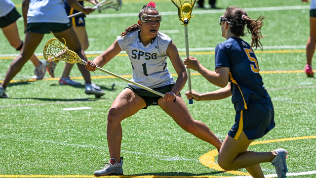 St. Paul's (Md.) midfielder Sofia Herrera defends against Agnes Irwin (Pa.)