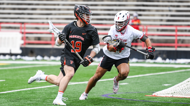 Princeton's Tucker Wade attacks from behind the goal in a February 2024 game at Maryland.