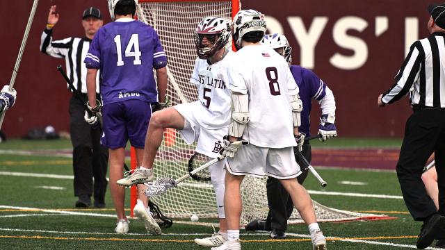 Boys' Latin (Md.) lacrosse player Matt Higgins celebrates after scoring a goal against Gonzaga (D.C.).