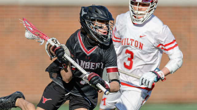 Action image from Lambert (Ga.) vs. Milton (Ga.) in boys' lacrosse at the Atlanta Lacrosse Invitational at Bobby Dodd Stadium earlier this month.