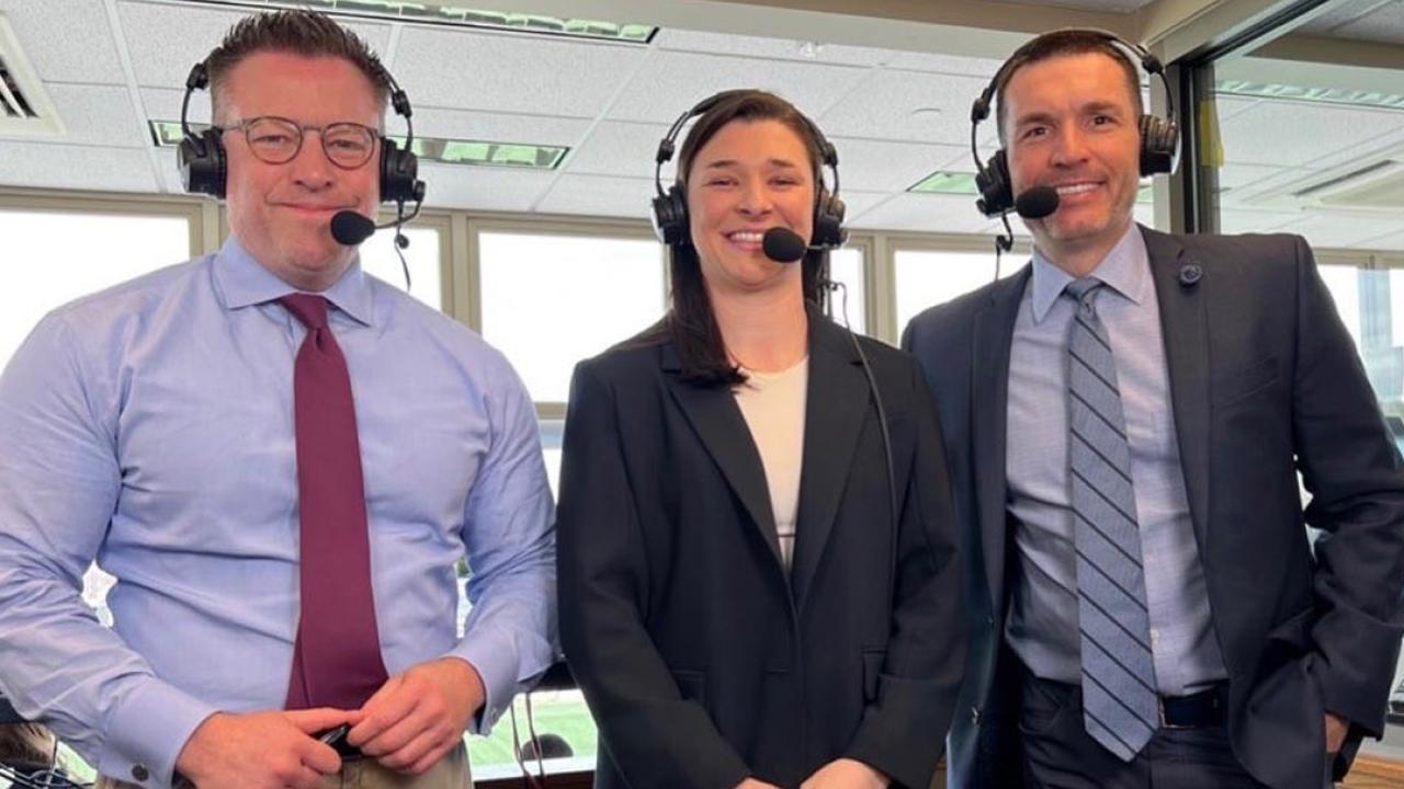 Charlotte North broadcasted a March 11 game between Notre Dame and Ohio State's men's teams with Chris Cotter (left) and Paul Carcaterra (right).