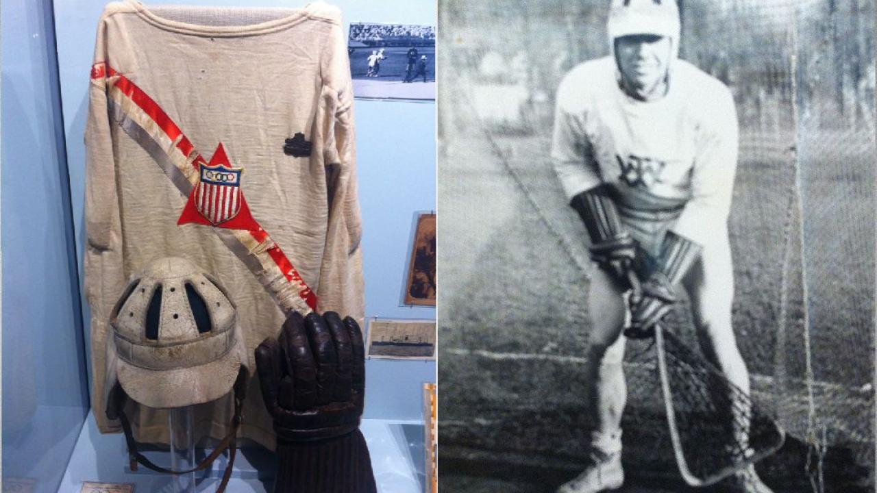 Hall of Fame member Fritz Stude was the goalie on the 1932 U.S. Olympic Team. His jersey, helmet and goalie’s glove are among the items on display in the national lacrosse museum.