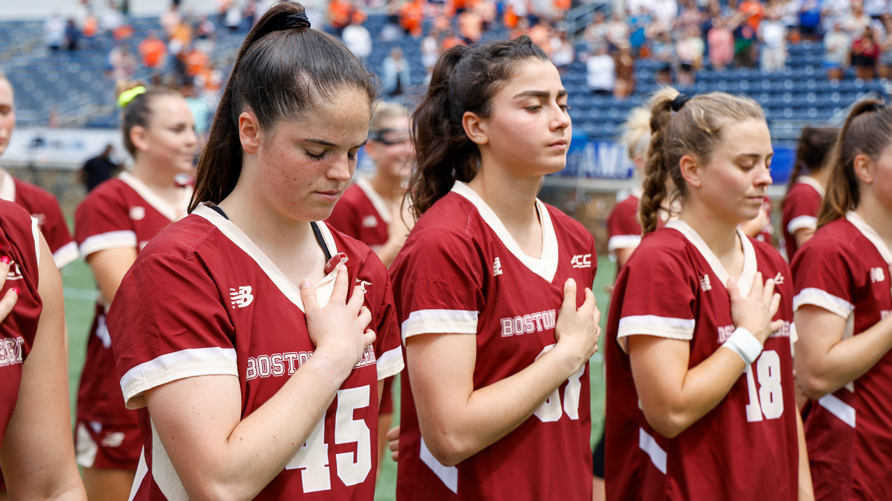 Boston College women's lacrosse player Sydney Scales (45) pauses for the national anthem before BC's ACC championship game victory over Syracuse last month in Charlotte, N.C.
