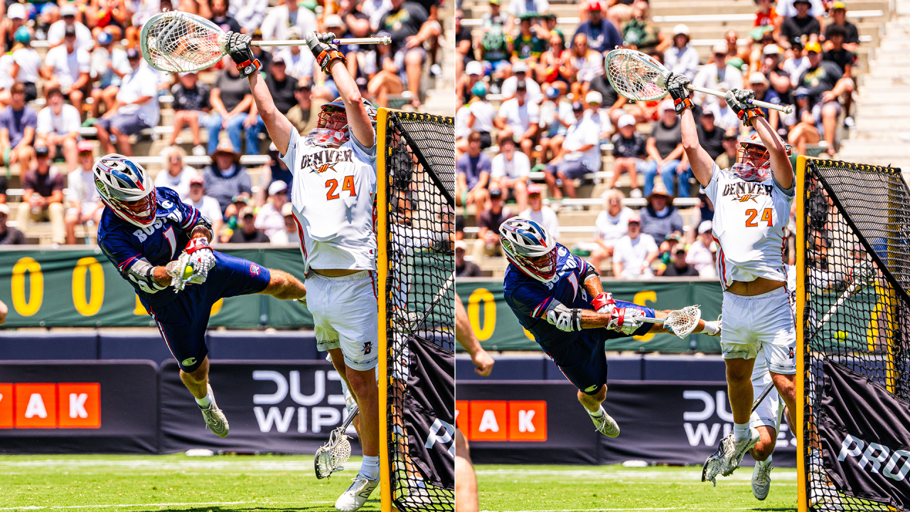 Boston's Marcus Holman dives across the crease and tucks a shot behind Denver goalie Owen McElroy during a PLL game at the University of San Diego's Torero Stadium.