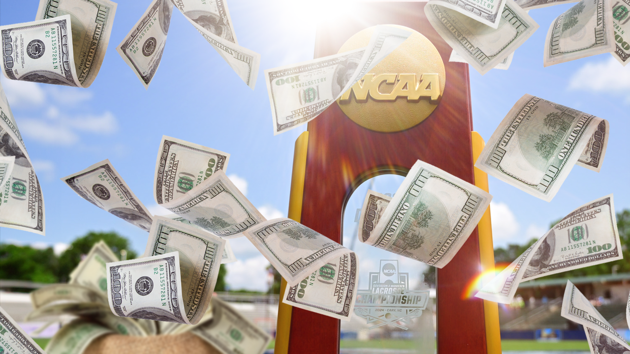 Illustration of the NCAA lacrosse championship trophy with cash flying as confetti