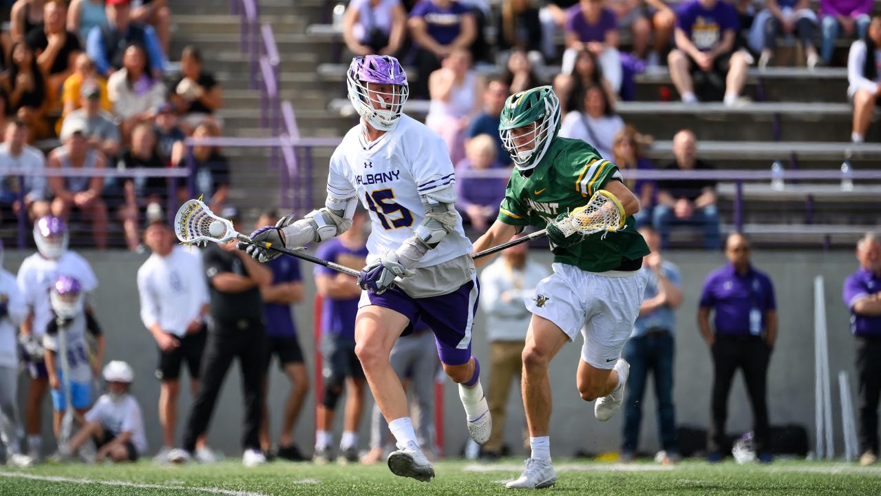 Albany sniper Silas Richmond on the hunt against Vermont in a 2024 America East contest