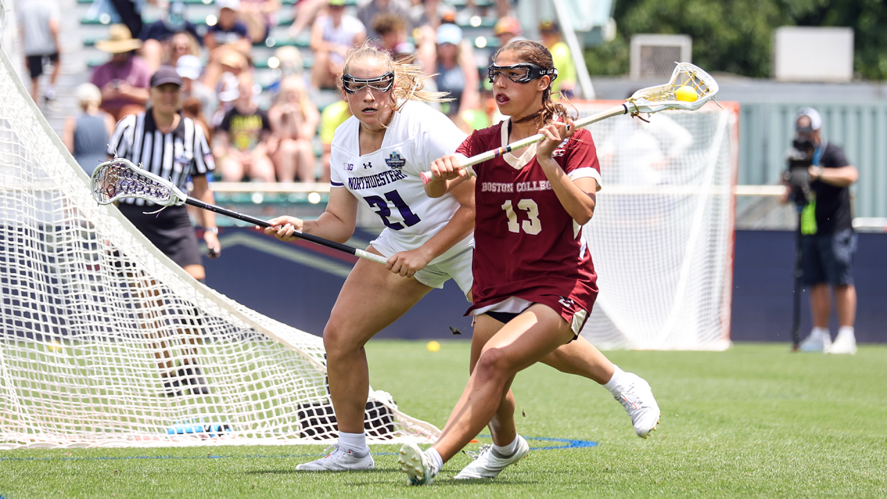 Boston College's Emma LoPinto guarded by Northwestern's Madison Smith in the 2024 NCAA championship game at WakeMed Soccer Park in Raleigh, N.C.