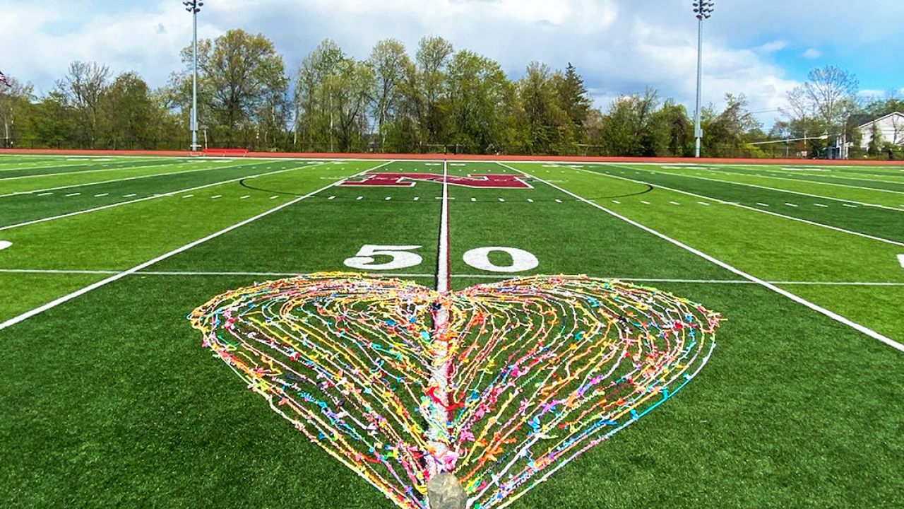 Bright braided shirts form a heart at Nyack (N.Y.) High School's Rittershausen Field in memory of Stacey Sennas McGowan, a pioneering Wall Street woman who played lacrosse at Nyack and Boston College.Bright braided shirts form a heart at Nyack (N.Y.) High School's Rittershausen Field in memory of Stacey Sennas McGowan, a pioneering Wall Street woman who played lacrosse at Nyack and Boston College.