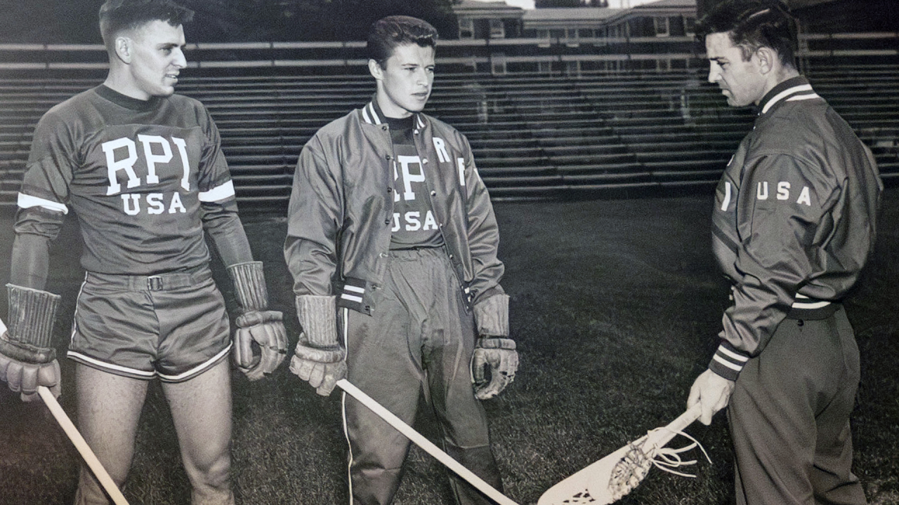 Bill Coleman (center) and his RPI lacrosse teammates in England in 1948, representing the United States in the 1948 Olympics