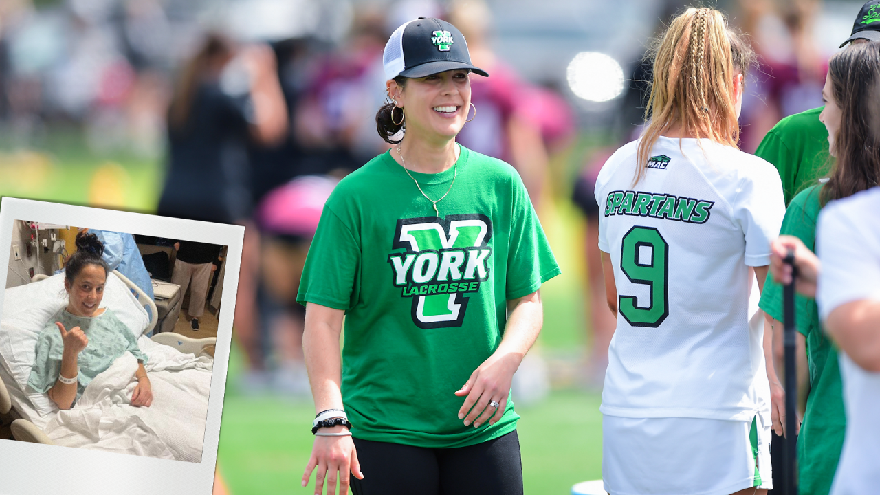 York College women's lacrosse coach Jen Muston with inset image from hospital before receiving a kidney transplant.