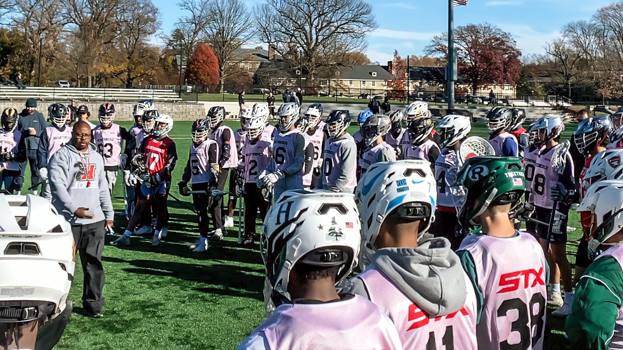 Haverford College coach Richard Carrington with prospects at the inaugural Breakthrough ID Clinic in Haverford, Pa.