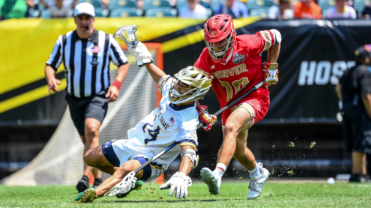 Notre Dame's Jordan Faison corrals the ball during a 2024 NCAA semifinal game against Denver in Philadelphia.