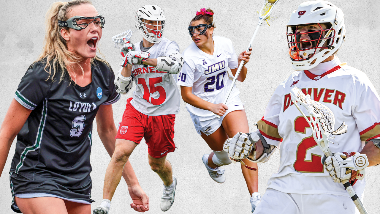 Composite image of college lacrosse players Chase Boyle, CJ Kirst, Madison Epke and Casey Wilson