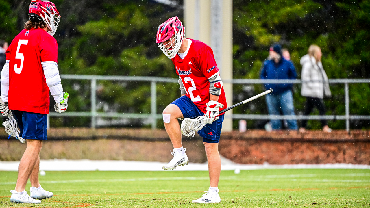 Richmond's Max Merklinger celebrates after scoring one of his two goals Saturday during an upset win at Virginia.