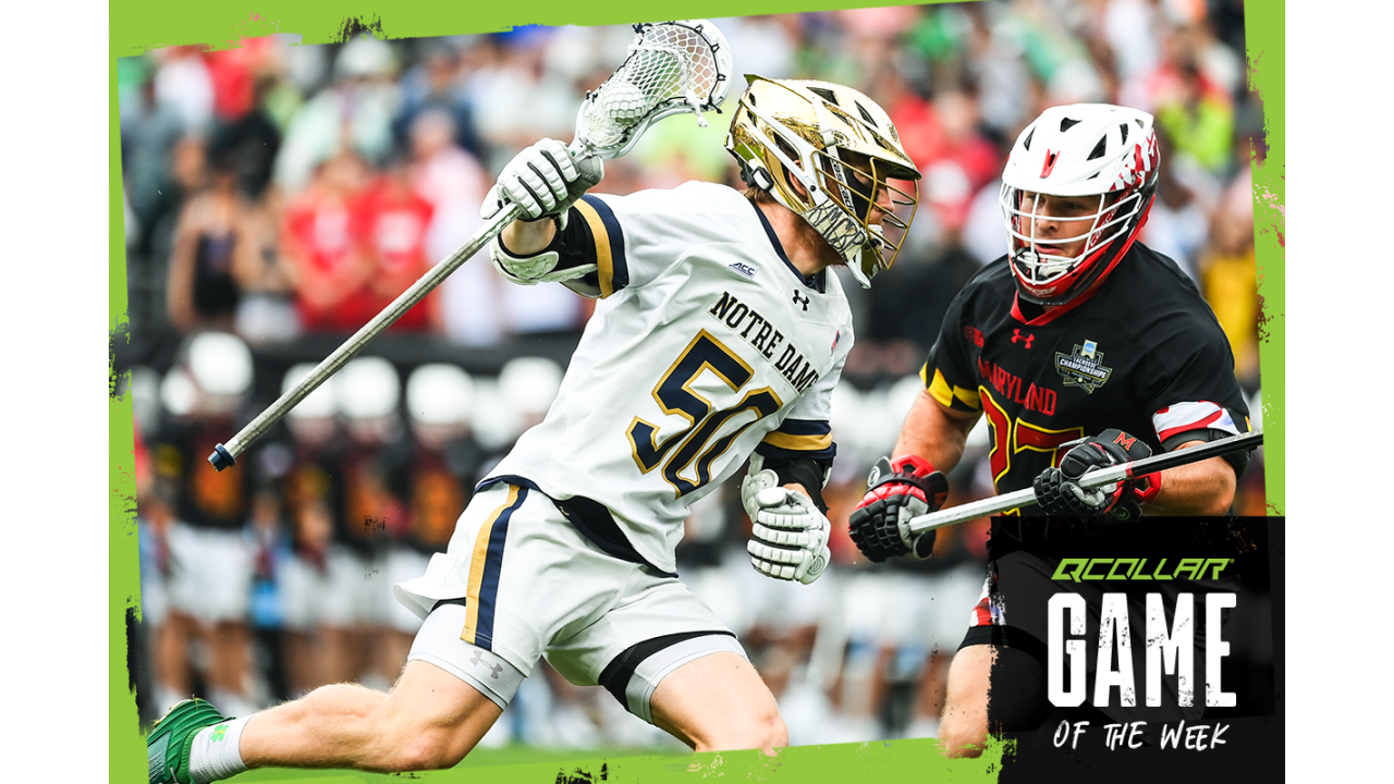 Notre Dame's Chris Kavanagh dodges against Maryland's Will Schaller in the 2024 NCAA championship game in Philadelphia.