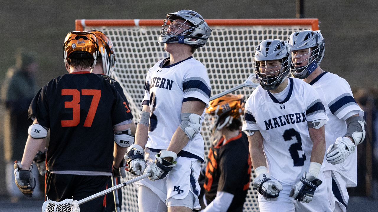 Owen Mears of Malvern Prep (Pa.) roars after scoring a goal in an 11-10 home win over McDonogh (Md.)