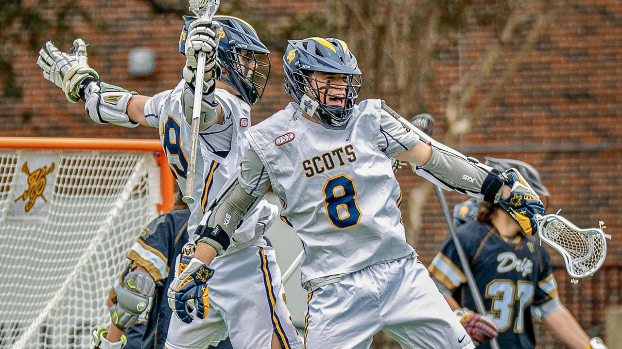 Highland Park (Texas) boys' lacrosse players celebrate a goal.