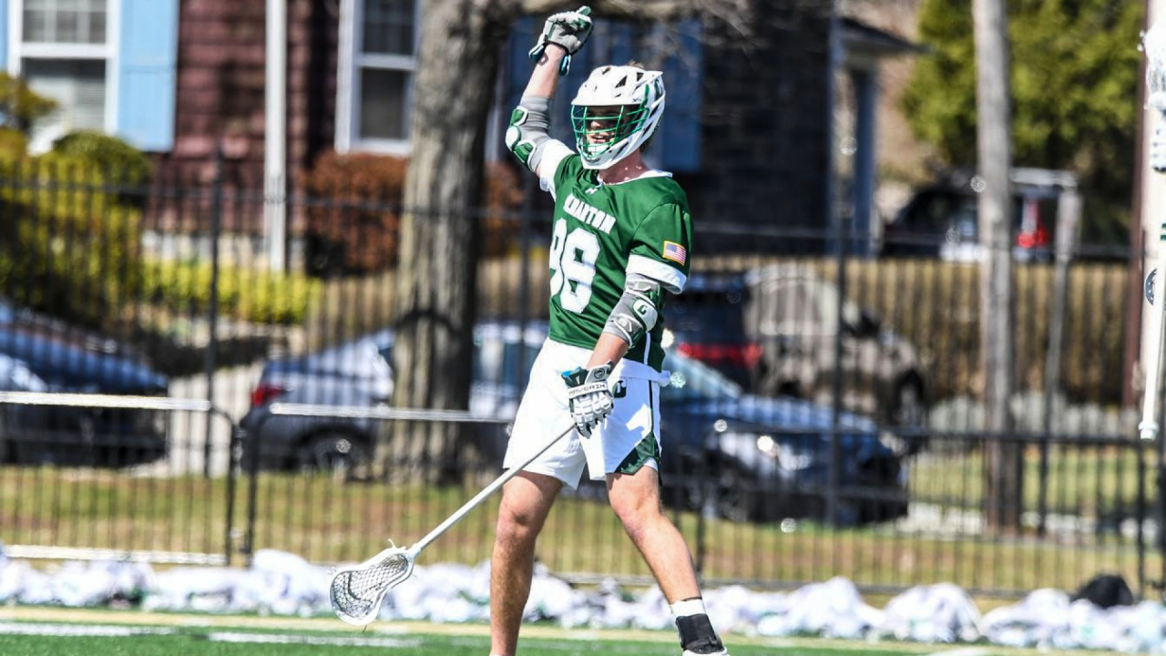 Delbarton (N.J.) attackman Peter Falk celebrates one of his three goals in a season-opening win over Haverford School (Pa.)