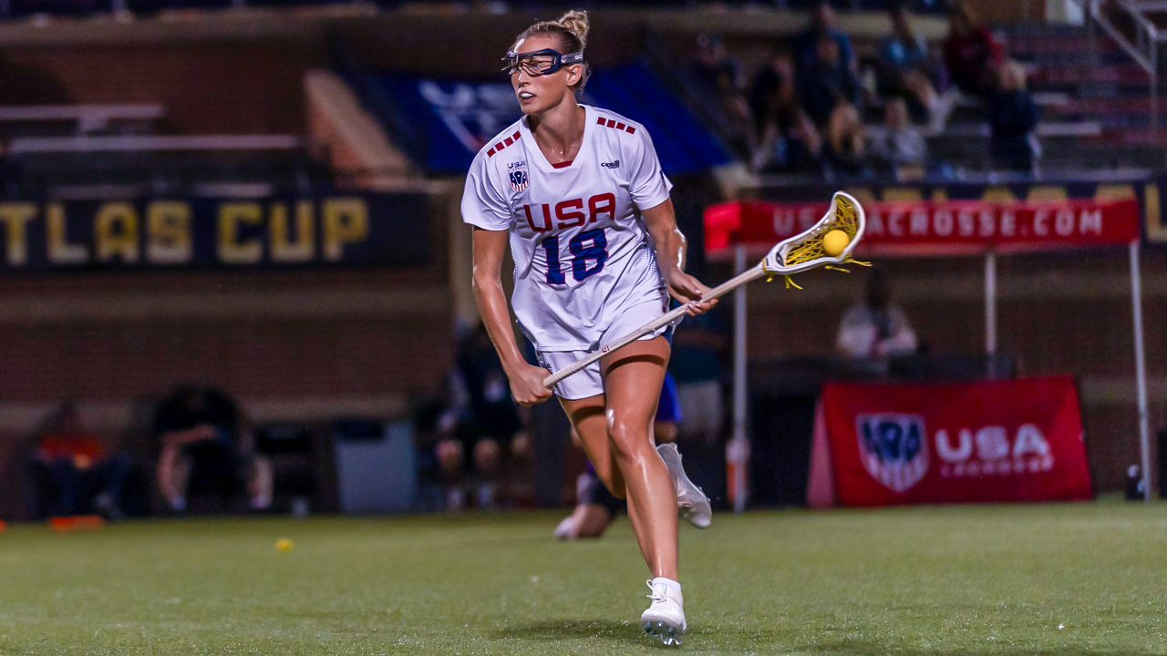 Anna Brandt carries the ball up the field for the U.S. Women's Sixes National Team at the Atlas Cup in Sparks, Md.