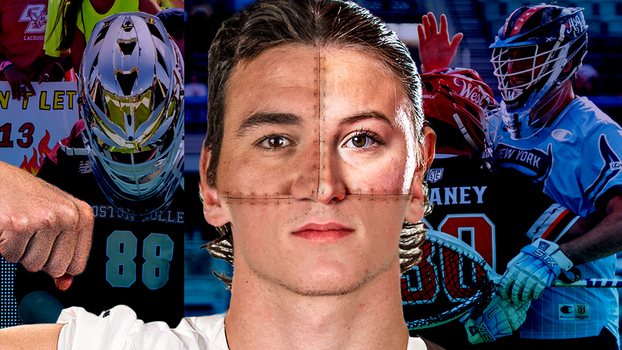 Composite graphic of various college and professional lacrosse goalies stitched together like Frankenstein