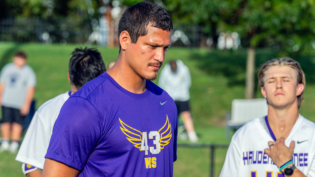 Haudenosaunee Nationals assistant coach Zed Williams during a moment of silence for his stepson, Noah Snyder, at the Atlas Cup opening ceremonies in Sparks, Md.
