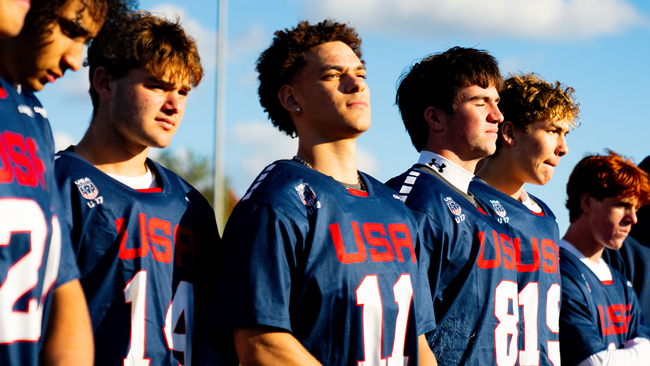 Jackson Allen and USA U19 teammates during opening ceremony of the 2025 Brogden Cup at USA Lacrosse headquarters in Sparks, Md.
