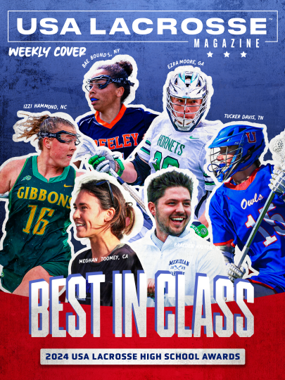 USA Lacrosse Magazine Weekly Cover featuring 2024 USA Lacrosse High School Awards winners (from left) Izzy Hammond, Meghan Toomey, Bae Bounds, Braeden Hylton, Ezra Moore and Tucker Davis