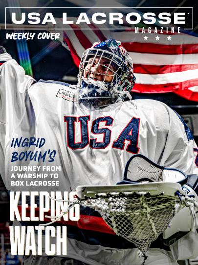 Ingrid Boyum holding flag on USA Lacrosse Magazine weekly cover