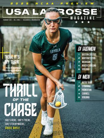 USA Lacrosse Magazine February 2025 edition featuring Loyola's Chase Boyle on the cover